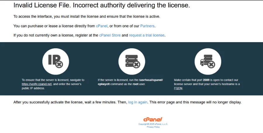 cPanel Invalid License File